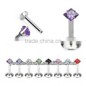 1 SQUARE GEM CZ LABRET MONROE LIP RING STEEL INTERNAL THREAD 16G 5/16" L132