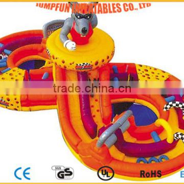 8 shape inflatable fun city crazy obstacle course with wolf cartoon