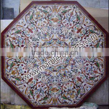 White Semi Precious Stone Pietra Dura Marble Inlay Dining Octagonal Table Top