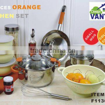 Orange kitchen cabinet item 13pcs stainless steel cookware set with spouts/ kitchen accessories