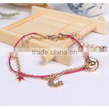 Star Moon Planet Tiny Rhinestone Charms Bracelet Double Layer Cotton Cord Gold Chain Bracelet photo-5