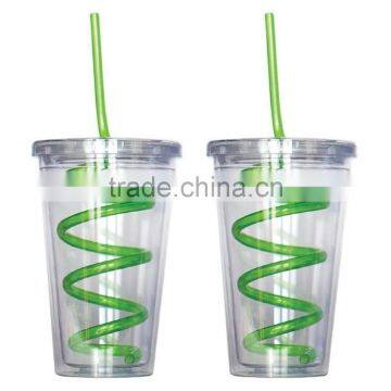 Single Wall Insulated Plastic Drink Cup Glass w Curly Crazy Straw Travel Tumbler photo-3