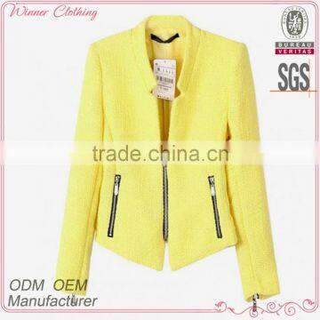 yellow collarless korea women winter coat with zipper embellished