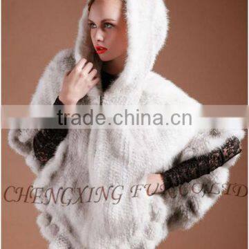 CX-B-M-06 Latest Womens Genuine Real Knitted Mink Fur Shawl Hoodied photo-5