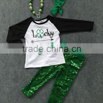 2016 new arrival St Patrick sets luck girl sets arrow sequins pants sets long sleeve with the accessories