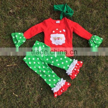 Fashion Christmas grils otufits baby kids wear Santa red top kids green white dot pants with mtaching headband set