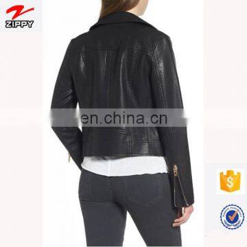 High Quality Custom Your Deisgn Women Fashion Motocycle Biker Black Short Genuine Leather Jacket Made in China photo-2