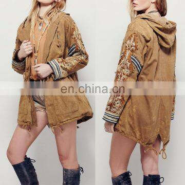 Autumn winter metallic embroidered embellishment distressed hooded military parka jacket