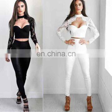 Amigo 2017 new design two piece sexy party wear bandage pants suit with long sleeve lace dew chest crop top and bodycon trouser