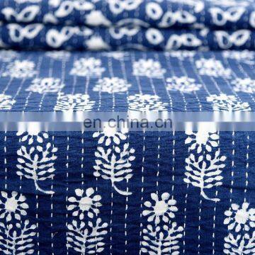 Indian Indigo Blue Abstract Design Kantha Quilt Handmade Bedspread Throw Cotton Queen Size Blanket Patchwork Print photo-4