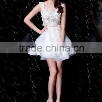 2016 new arrival embroidered design sleeveless flower lace tulle short cocktail dress