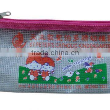 Factory white plastic mesh pencil case for office and student zipper lock stationery bag with logo