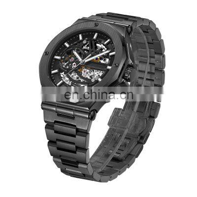 OEM Brand Wrist watch custom logo Mechanical Skeleton Black Dial Watches Water prooft Stainless Steel luxury men automatic watch