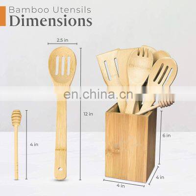 Organic Bamboo Wooden Kitchen Cooking Tools Spoons Spatulas Utensils Set With Holder photo-2