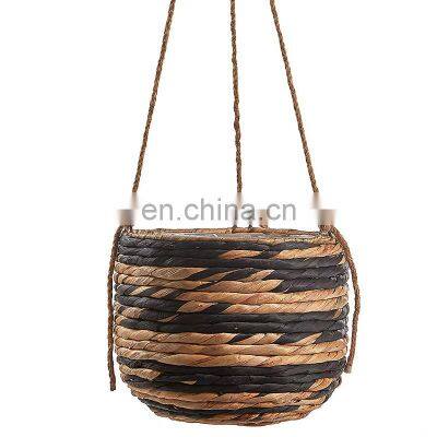 Hot Sale Black Woven Natural Hanging Planter with Lining Modern Boho Wicker Straw Cover for Flower Pot Vietnam Manufacturer