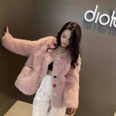 A Short Candy-colored Faux Fox Fur Coat for Women in Autumn and Winter, a Fashionable Wide-cut Round-neck Warm and Eco-friendly Fur Coat photo-4