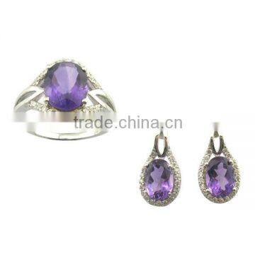 Natural Amethyst Ring and Earring Jewelry Sets of Silver