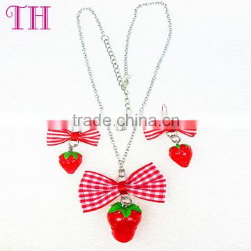 factory low price strawberry shape fabric material bow non-toxic metal necklace resin earring wholesale jewelry set