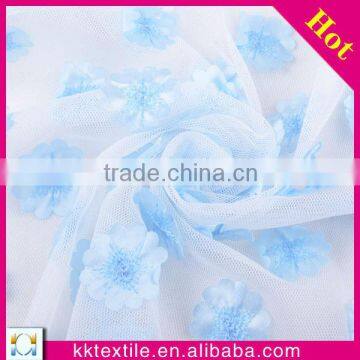 Newest design satin flower laser embroidery lace on mesh fabric
