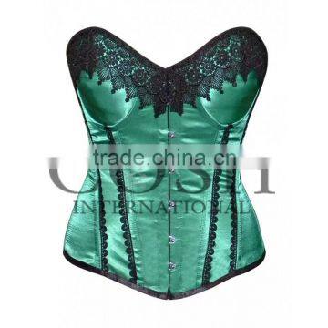 Green Satin Overbust Steel Boned Corset With Black Lace Ci-1128