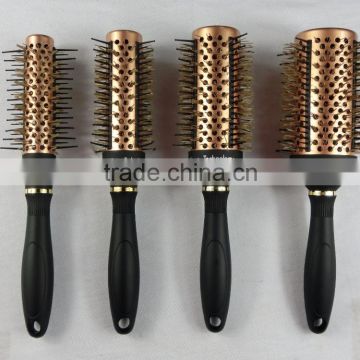 hard nylon bristle round ceramic hair brush with soft rubber coating handle