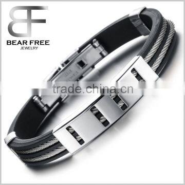 Punk Mens Stainless Steel Silicone Bracelet Bangle Cuff Rope Wire Cable Wristband Color black silver