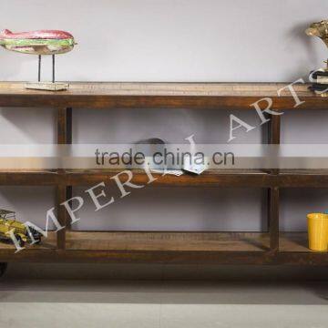 INDUSTRIAL IRON WOOD DISPLAY RACK WITH IRON WHEEL