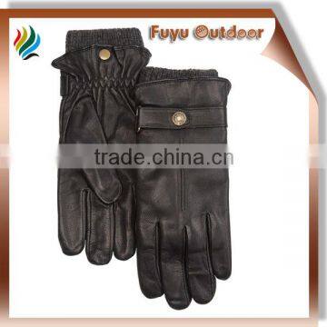 High-end long china black winter cowhide plain style lined Mens wool lined leather gloves