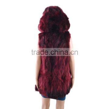 Wine red fashion long fur vest with big fur hoodie/whole raccoon fur vest KZ160066