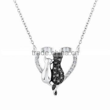 Fashion Personality Animal Charm Black And White Cat Lovers Crystal Heart Pendant Chunky Necklace For Lovers