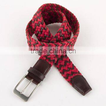 Brown Leather Red Cotton Mesh Weave Belt photo-2
