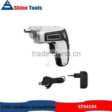 3.6V electric cordless screwdriver with LED light and USB charger