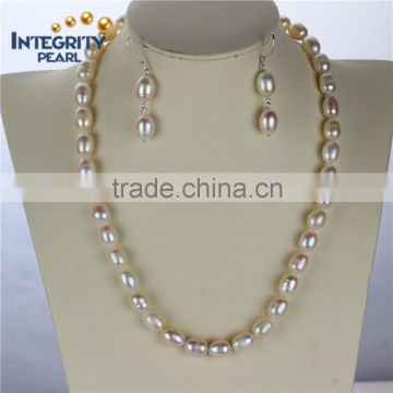 9mm A grade rice shape cultured pearl necklace set, 925 silver natural pearl set