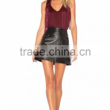 2016 Customized Manufacture Fashionable Wholesale Women's Plain Color High-waist A-line Leather Ladies Skirt photo-5