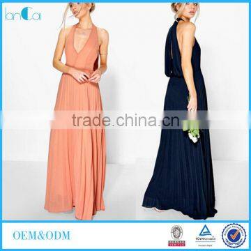 Wholesale Summer clothing Chiffon Pleated Plunge Long Maxi Dress