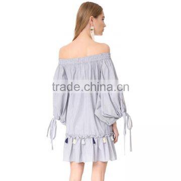 HAODUOYI Striped Women Dress Hem Ruffles Long Sleeve Sashes Loose Mini Dress Off Shoulder Backless Vestidos for Wholesale photo-3