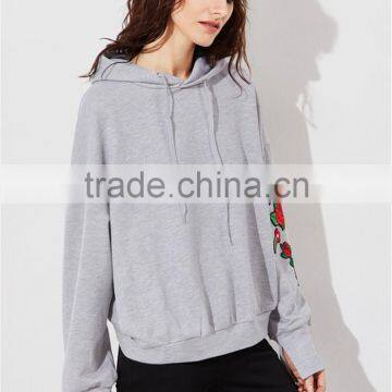 MGOO Custom Design Lightweight Drop Shoulder Heather Grey Embroidered Rose Applique Dolman Sleeve Hoodie photo-5