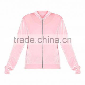 Custom Design Women Baseball Zip Up Bomber Baby Pink Plain Velvet Bomber Jacket Outwear photo-4