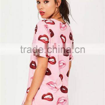 Custom Full Print Women Oversizes V Neck Pink Lip Print Nightshirt Roll Sleeve Causal Loose Sleepwear photo-2