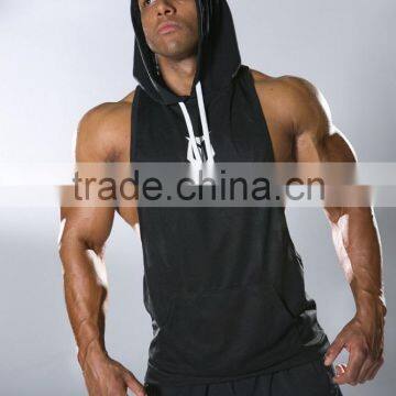 OEM Men's Black 100% Polyester Mesh Stringer Hoodie Racerback Gym Hoodie Deep Cut Sleeveless Pullover Hoodie Wholesale