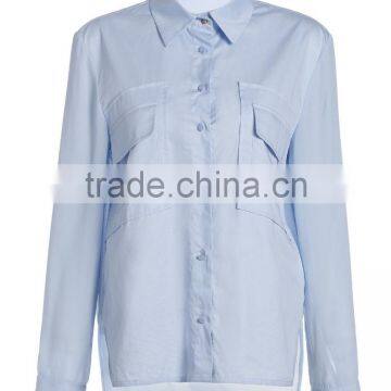 Ladies Mid Long Sleeve Blue Side Slit Cotton Button up Shirt With Pocket Design photo-2