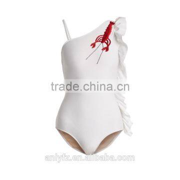 China Factory Wholesale Embroidered Asymmetric Ruffle One Piece Swimsuit Women photo-4
