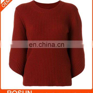 Women crew neck cashmere bat sleeves knitted ribbed top