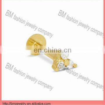 Titanium plated gold lip ring triangel shaped crystal body piercing jewelry