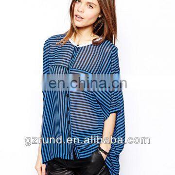 summer blouses women clothing 2014 Blouse with Contrast Collar in Cut About Stripe china apparel suppliers Polyester model-cp205