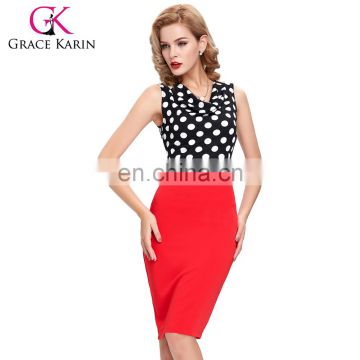 2016 New Arrival Occident Women's Slim Fit Sleeveless Red V-Neck Polka Dots Splicing Short Pencil Dress CL009265-1