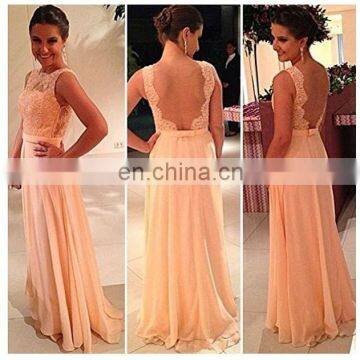 2018New Style Glamorous Backless Champagne Sleeveless Bateau Beaded Bow Straight Chiffon Bridesmaid Dress