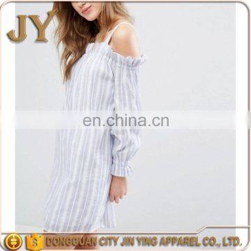 Blue and White Stripe Woven Dress Square Neck Cold-shoulder Design With Stretch Frill Trims Wholesale Items photo-3
