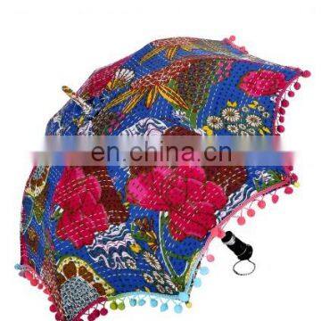 Handmade Protector Parasol Indian Floral Fruit Printed Kantha Work Embroidered Sun Unisex Cotton Vintage Decor Umbrella Ethnic