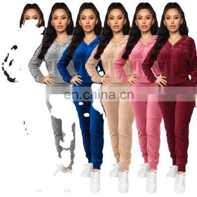 Hot sale wholesale solid color v neck tops and pants two piece set with zipper fall winter women's tracksuit